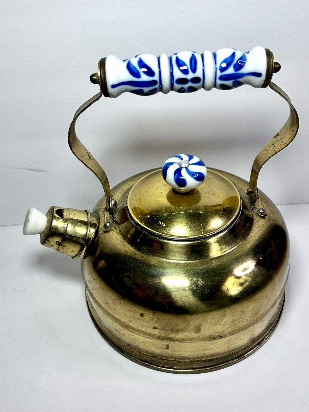 Vintage Copper Brass Teapot Blue & White Porcelain Handle & Top